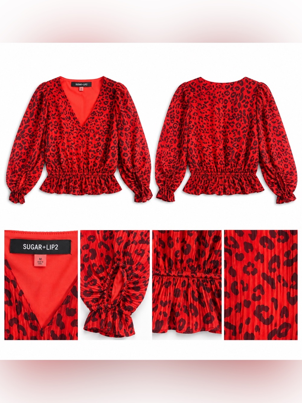 Sugarlips Red Leopard-Print V-Neck Peplum Top